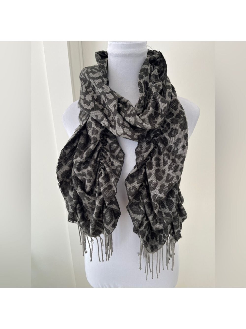 Cashmink Winter Scarf Fringe Grey Animal Print Leopard Gathered Edge Winter Cozy